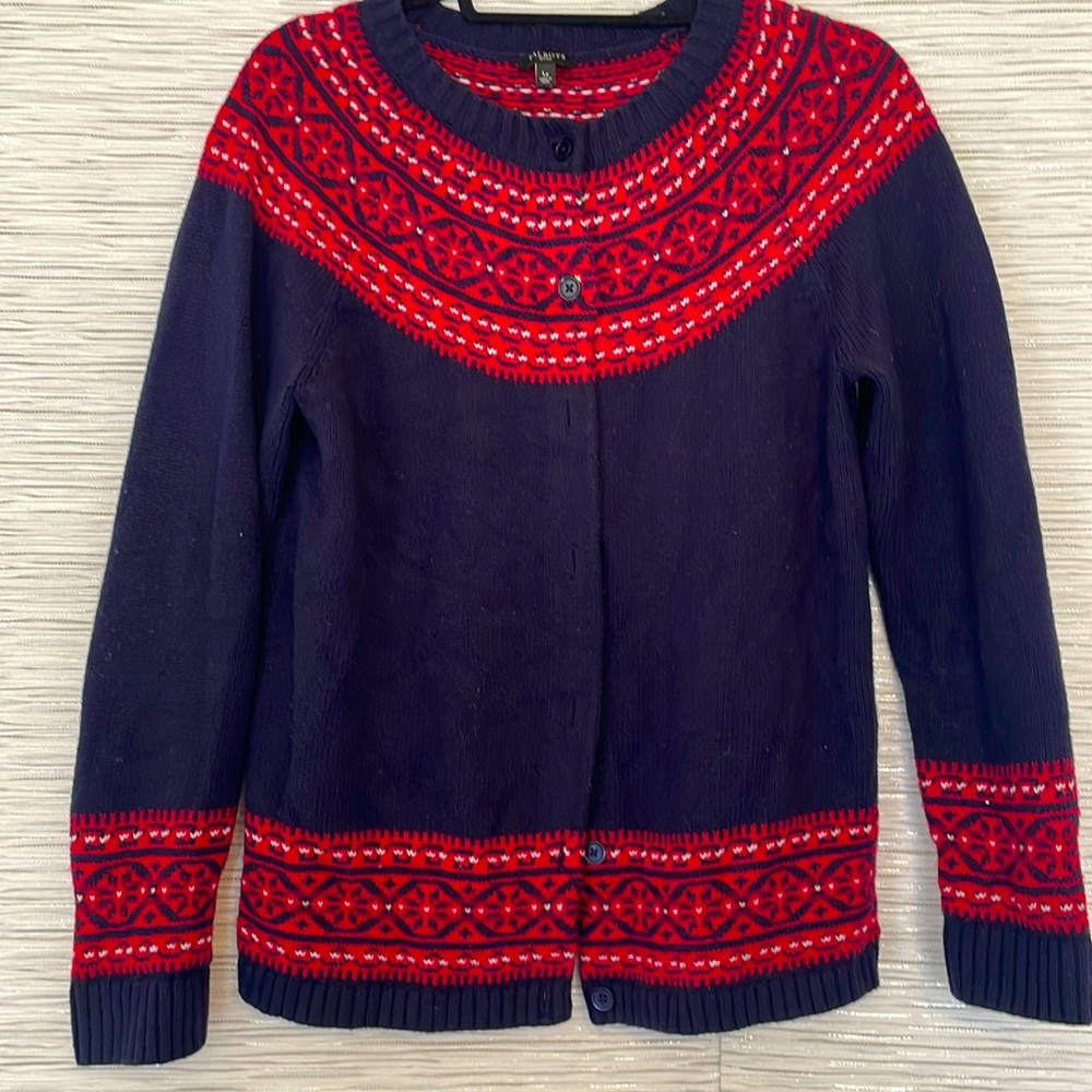 Talbots Navy Red Patterned Cardigan